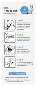 Four-step usage guide for pet probiotic toothpaste showing safe food-grade application