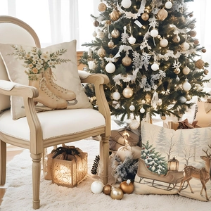 Linen Christmas pillow covers with vintage skates and reindeer on beige background