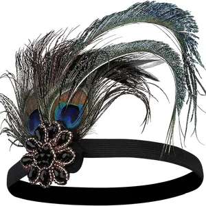 1920s vintage peacock feather headband with black beads for themed parties and weddings