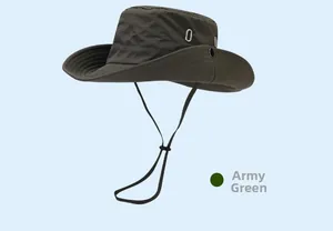 Detail of army green sun hat with metal air vents, quick-dry fabric and chin strap