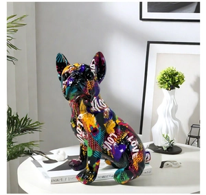 Detail of colorful graffiti resin French Bulldog statue with artistic Love lettering pattern