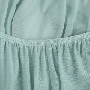 Détail du tissu en maille vert menthe montrant la texture fine et les coutures plissées