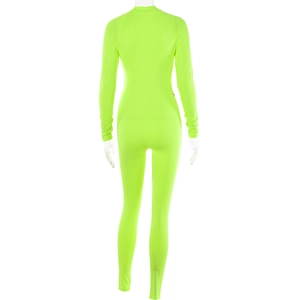 Rückansicht eines neongrünen langärmligen Bodysuits mit segmentiertem Lederstreifendesign
