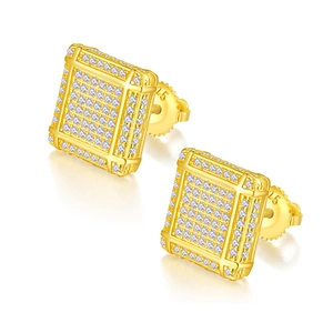 Elegant gold square stud earrings in 925 silver with sparkling zircon pavé setting