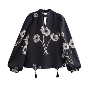 Women Floral Print Blouse Polyester Long Lantern Sleeve Hollow Out Tassel Stand Collar Retro Elegant Top