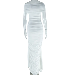 Back view of slim fit white off-shoulder dress with elegant ruched texture and side slit