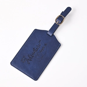 Blue PU leather luggage tag featuring embossed text and a gold-colored buckle strap