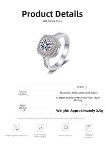 Detailed chart for 1ct moissanite square halo ring in 925 silver with care tips