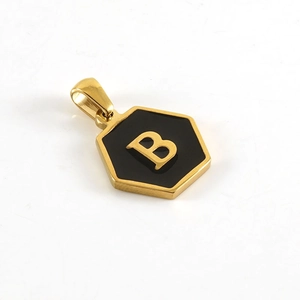 Polished gold hexagonal necklace pendant featuring black enamel and a metal letter B