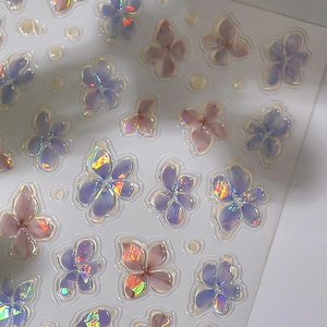 5D jelly embossed floral nail stickers with 3D aurora effect in purple and pink