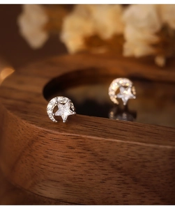 Macro shot of S925 sterling silver star and moon stud earrings with zircon inlay