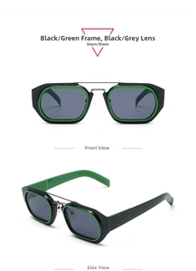 Detail of cyberpunk rectangular sunglasses with black-green frame and dark grey lenses