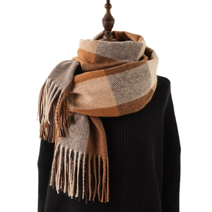 Thick checkered scarf in brown and beige with tassels, warm winter plaid wrap for women