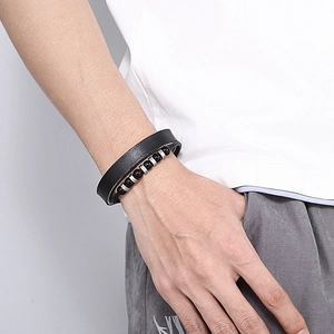 Men's double-layer leather charm bracelet with black beads and stainless steel chain link