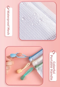 Detail showing waterproof mesh texture and colorful portable ropes on the document bag
