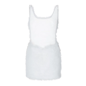 Close-up of the fluffy white faux fur texture on the strapless backless mini bodycon dress