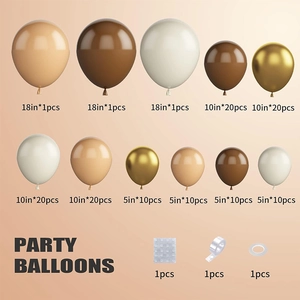 Detailed balloon arch kit components showing brown beige balloons with accessories