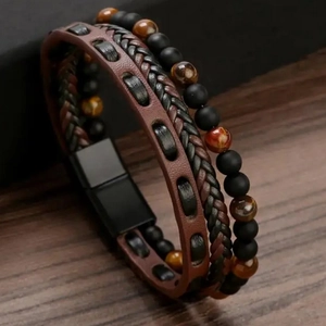 Men's punk multilayer bracelet with tiger eye beads and black magnetic clasp