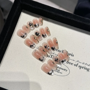 Handmade Press On Nails Gradient Nude Pink Black Butterfly Floral Patterns Gold Foil Rhinestone Coffin Reusable Artificial