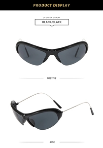 Dual view of Y2K wraparound sports sunglasses with black lenses and slim silver metal arms