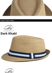 Detail of dark khaki woven straw fedora hat featuring blue and white ribbon band