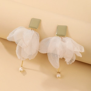 Organza Fabric Flower Bow Drop Earrings With Artificial Pearl Long Tassel And 925 Sterling Silver Earring Post For Women Elegant