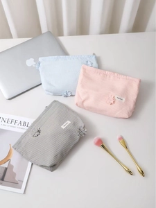 Gingham Canvas Makeup Bag Portable Plaid Skincare Organizer Travel Wash Pouch With Floral Decoration Fresh Style