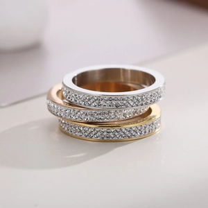 Three-piece stacked titanium steel rings set with double row zircon in gold and silver