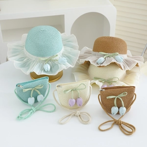 Detailed set of kids straw hats and matching crossbody bags with lace and tulip charms