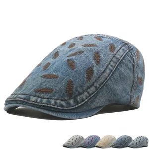 Newsboy Cap Washed Denim Cotton Fishbone Embroidery Retro Vintage Adjustable Ivy Hat For Fashionable Leisure