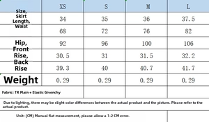 Detailed size chart for faux leather splice skort with waist and hip measurements