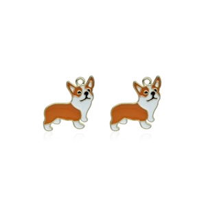 Pair of orange and white enamel corgi dog pendants with gold plating for DIY jewelry