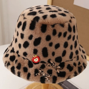Women Plush Faux Fur Bucket Hat Winter Warm Leopard Print Cute Cartoon Panda Decor Trendy Fisherman Hat