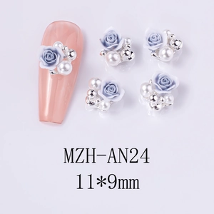 Blue resin rose nail charms with pearls and silver beads, dimensions 11x9mm detail
