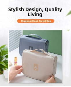 Detail of travel toiletry bag with hanging hook and waterproof twill fabric design