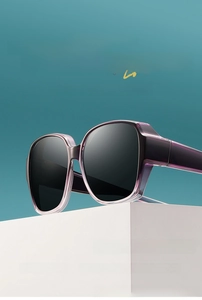 Macro detail of purple translucent frame and polarized lenses on oversized sunglasses