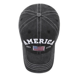 Vintage washed black cotton baseball cap with American flag and letter embroidery