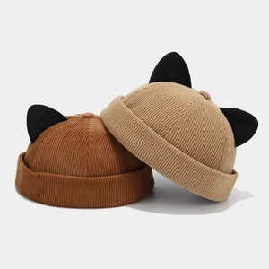 Corduroy docker cap with cat ears in brown and beige, retro brimless hat for women
