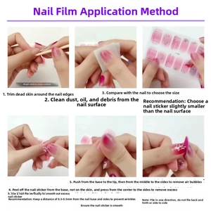 Step-by-step tutorial for applying 5D floral gel nail stickers with professional tools