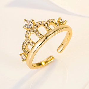 Adjustable golden crown ring with sparkling zircons for women fashion accessory