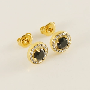 Double layer 18K gold stainless steel earrings with black zircon and small crystals