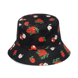 Classic black bucket hat with red apple fruit print and quilted sun protection brim