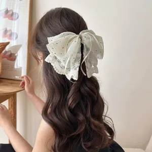 Elegant off-white bow hair claw clip with embroidered lace and polka dot mesh detail