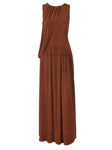 Detail of round neck and draped pleated shoulder on dark caramel brown sleeveless maxi dress
