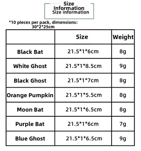 Detailed size chart and weight specifications for various Halloween snap bracelets