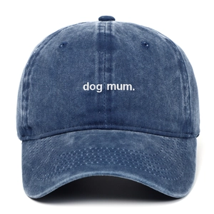 Navy blue washed cotton baseball cap with white Dog Mum embroidery and vintage finish