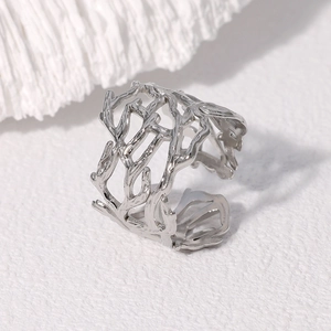 Irregular hollow cutout wide silver stainless steel ring with coral inspired design