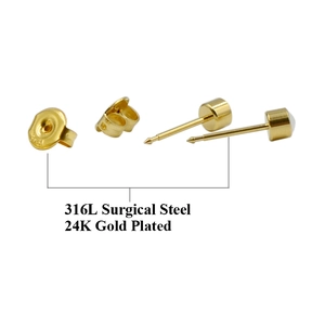 Close-up of 24K gold plated 316L surgical steel stud earrings and butterfly backs