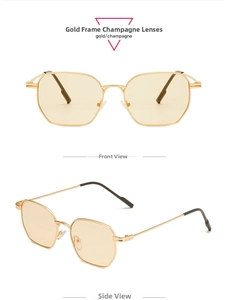 Front and side views of vintage champagne tinted sunglasses with gold metal frames