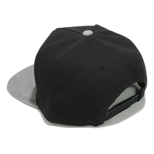 Rear view of black and gray snapback cap with adjustable plastic buckle closure